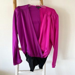 Vici Two Toned Pink Purple Satin Bodysuit Deep V Neck Long Sleeve Blouse Large